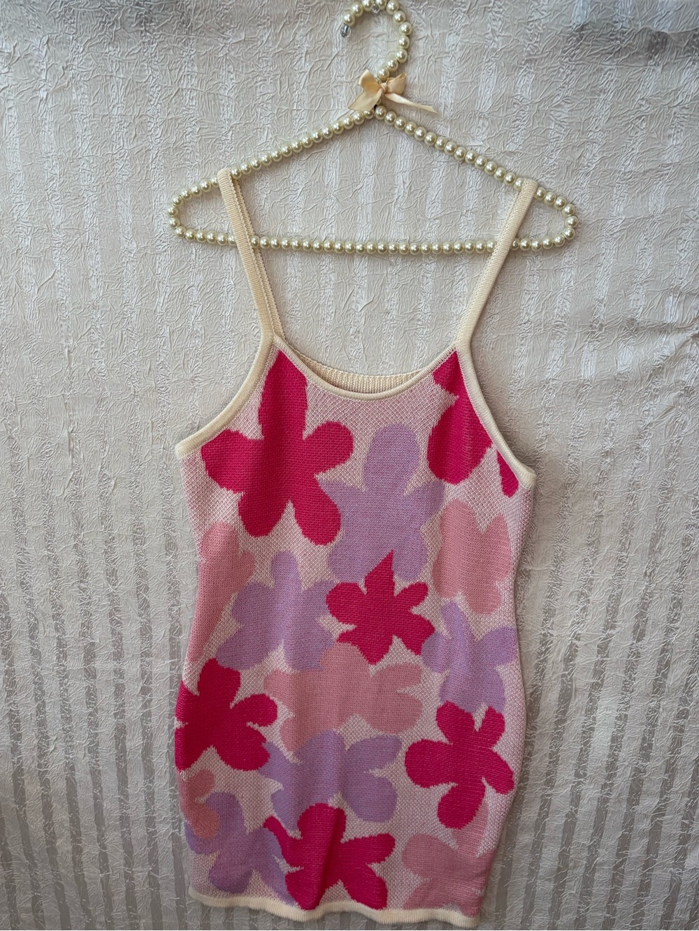 Floral Knit Mini Dress in Pink & Lavender - Size M